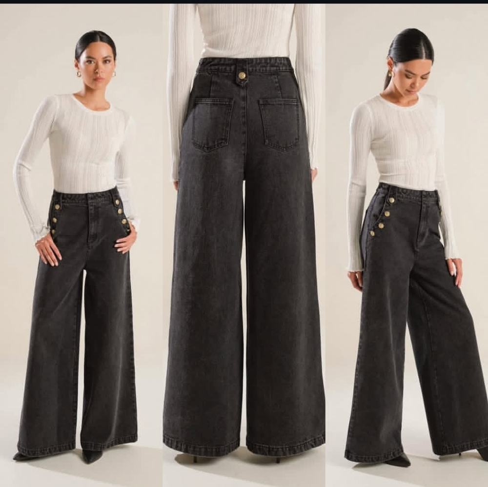 FREE MARKET Pants Women's Size Large Black High Waisted Wide Leg Jeans New
